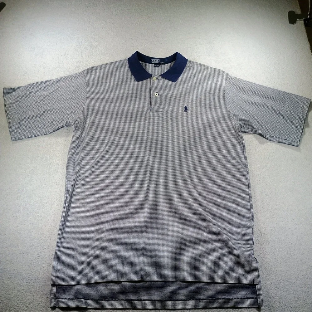 Polo Ralph Lauren Mens Houndstooth Polo Shirt Blue Large Made in USA